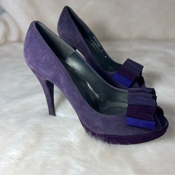 Stuart Weitzman purple peep toe bow heels platform retro sz 9 suede pumps shoes - Picture 8 of 8